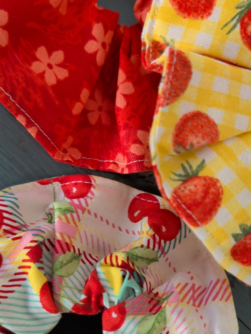 Colorful Strawberry Cherry Floral Plaid Scrunchies Set of 3 Handmade